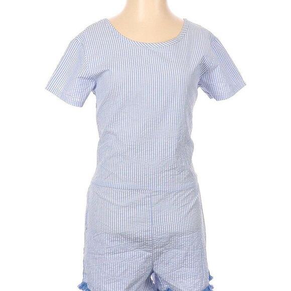 Excellent 7 For All Mankind Blue White Stripe Romper Rear Cut-Out Women’s XL - Picture 2 of 8